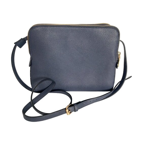 Navy Blue Pleather Crossbody Purse Multi Section Adj Strap Gold Tone Zippers - Picture 1 of 14